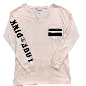 PINK Victoria's Secret Light Pink V-Neck Long Sleeve Graphic Tee Women's S